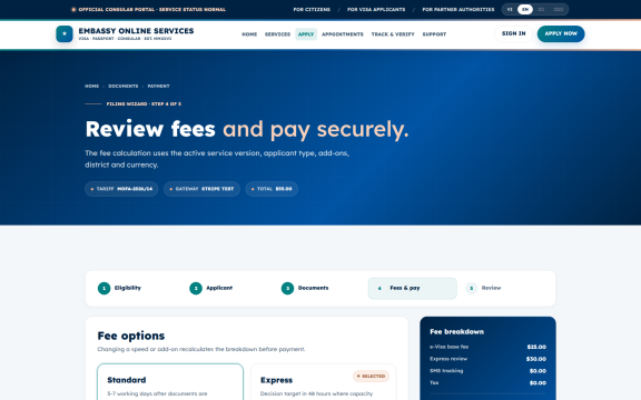 Embassy Portal: Apply fees payment