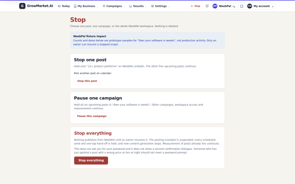 GrowMarket.AI: Stop controls